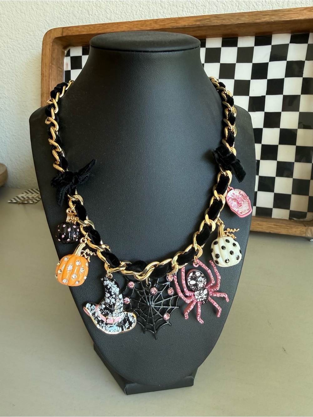 Betsey Johnson Halloween Charm Statement Necklace - Pink, Orange, Black & Gold